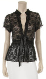 Black Short Sleeve Lace Top V Neck With Bow
