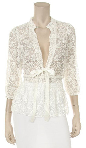 White Lace Top 3/4 Length Sleeve V Neck With Bow