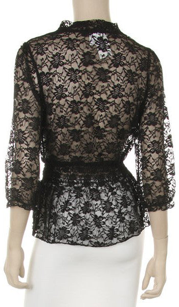 Black Short Sleeve Lace Top V Neck With Bow