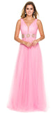 Floor Length A Line Baby Pink Formal Gown V Neck Tulle Skirt