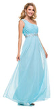 One Strap Aqua Prom Gown Chiffon Ruched Top Beaded Waist