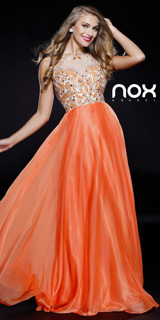 Orange Open Back Sleeveless long Prom Dress Jewel Top