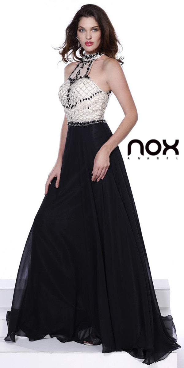 High Neck Open Back Floor Length Dress Black Jewel Sheer Bodice