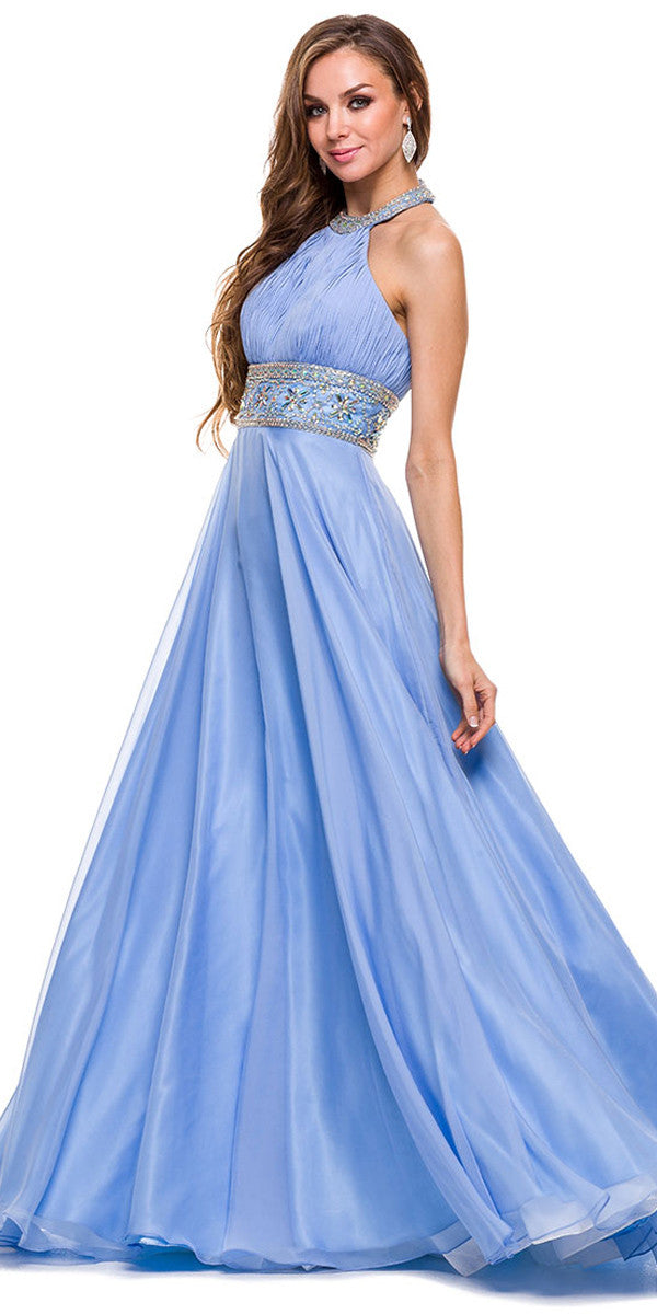 Halter Prom Gown Periwinkle A Line Floor Length Keyhole Front