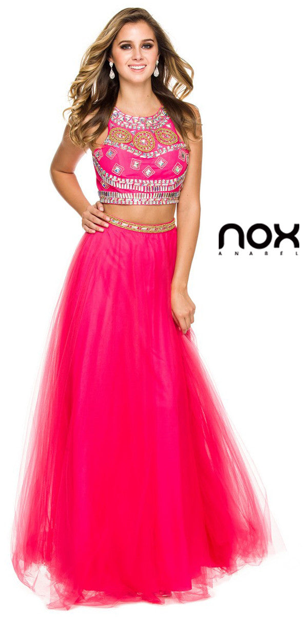 Two Piece Glamorous Prom Gown Fuchsia Tulle Skirt Jewel Bodice