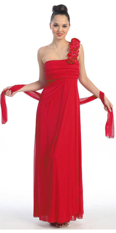 Rosette Strapped One Shoulder Long Red Column Dress