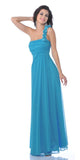 Rosette Strapped One Shoulder Long Turquoise Column Dress