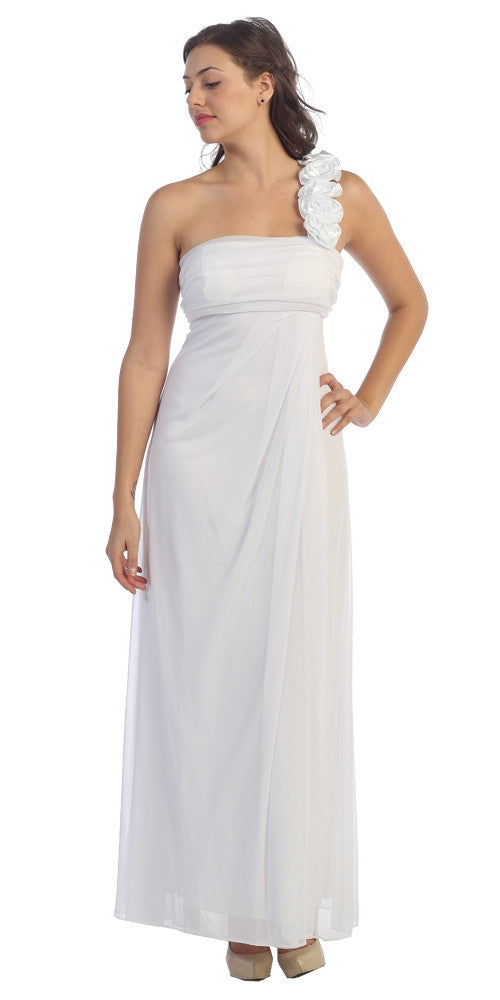 Rosette Strapped One Shoulder Long White Column Dress