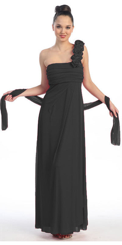 Rosette Strapped One Shoulder Long Black Column Dress
