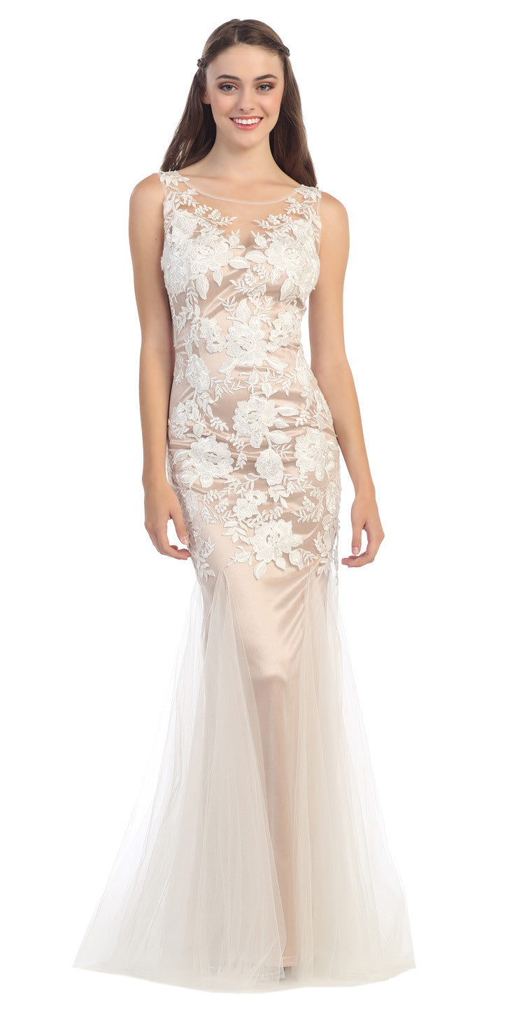 Sheath Mermaid Gown Ivory Nude Illusion Neck Lace Embroidery