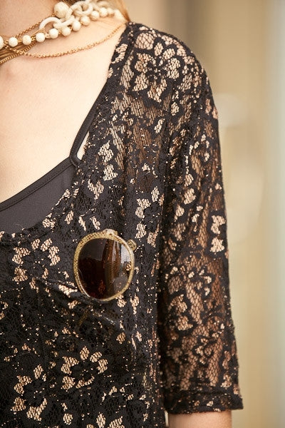 Short Black/Gold Lace Dress Mid Length Sleeve Front Pocket V Neck