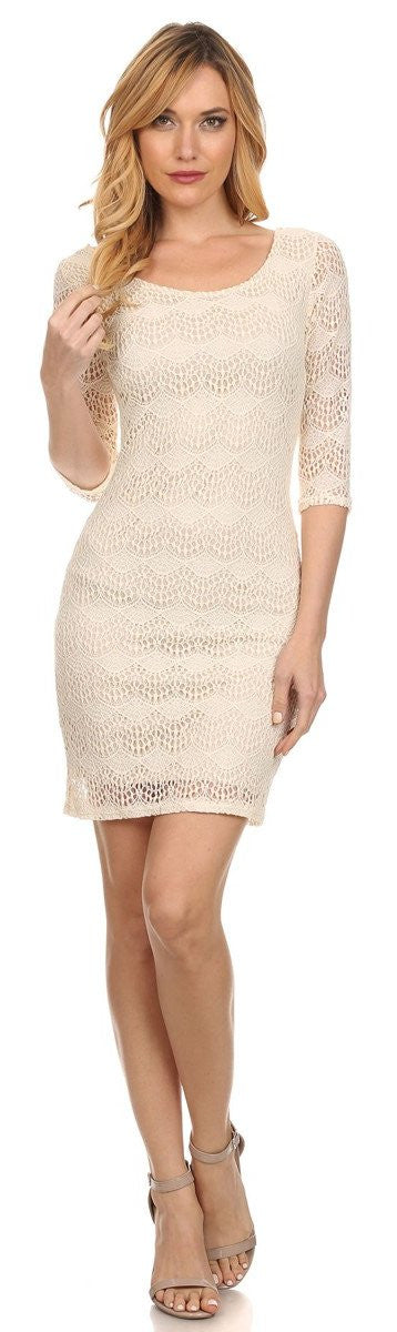 Short Crochet A Line Body Con Dress White 3/4 Sleeves