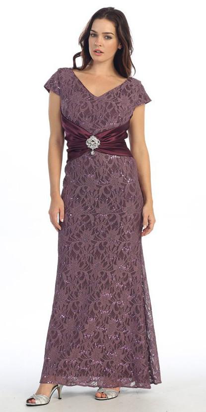Short Sleeved V Neckline Long Victorian Lilac Lace Column Gown