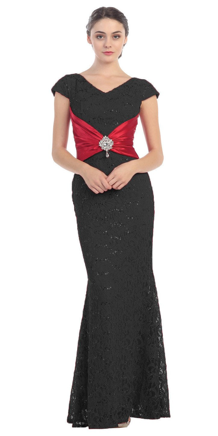 Short Sleeved V Neckline Long Black Red Lace Column Gown