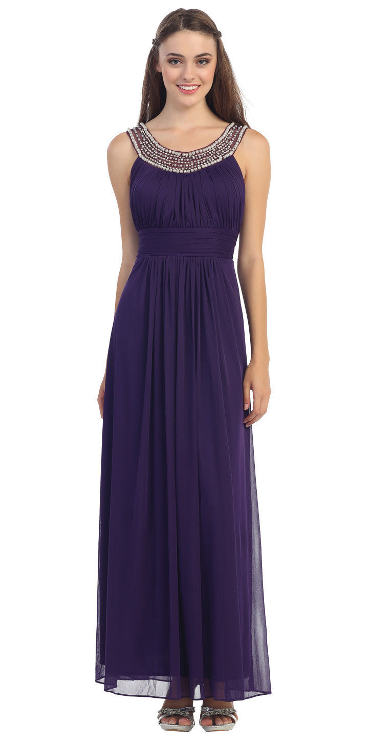 Studded Bateau Neckline Ruched Bodice Purple Evening Dress