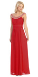 Studded Bateau Neckline Ruched Bodice Red Evening Dress
