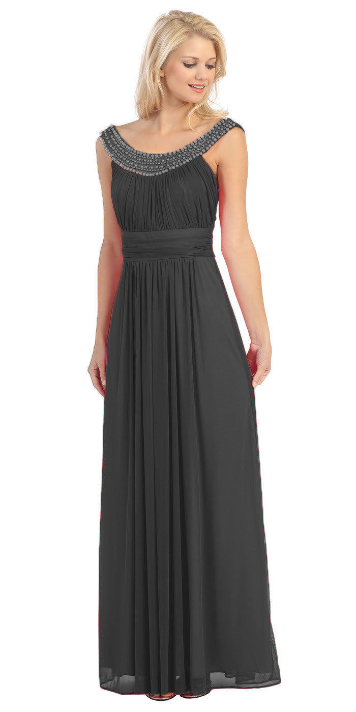 Studded Bateau Neckline Ruched Bodice Black Evening Dress