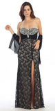 Studded Bodice Strapless Lace Long Black Gold Prom Gown