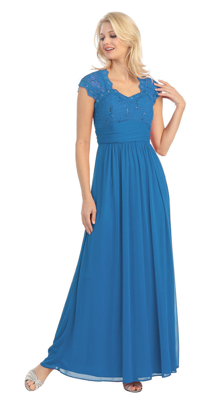 Sweetheart Neck Lace Bodice Teal Floor Length Dress