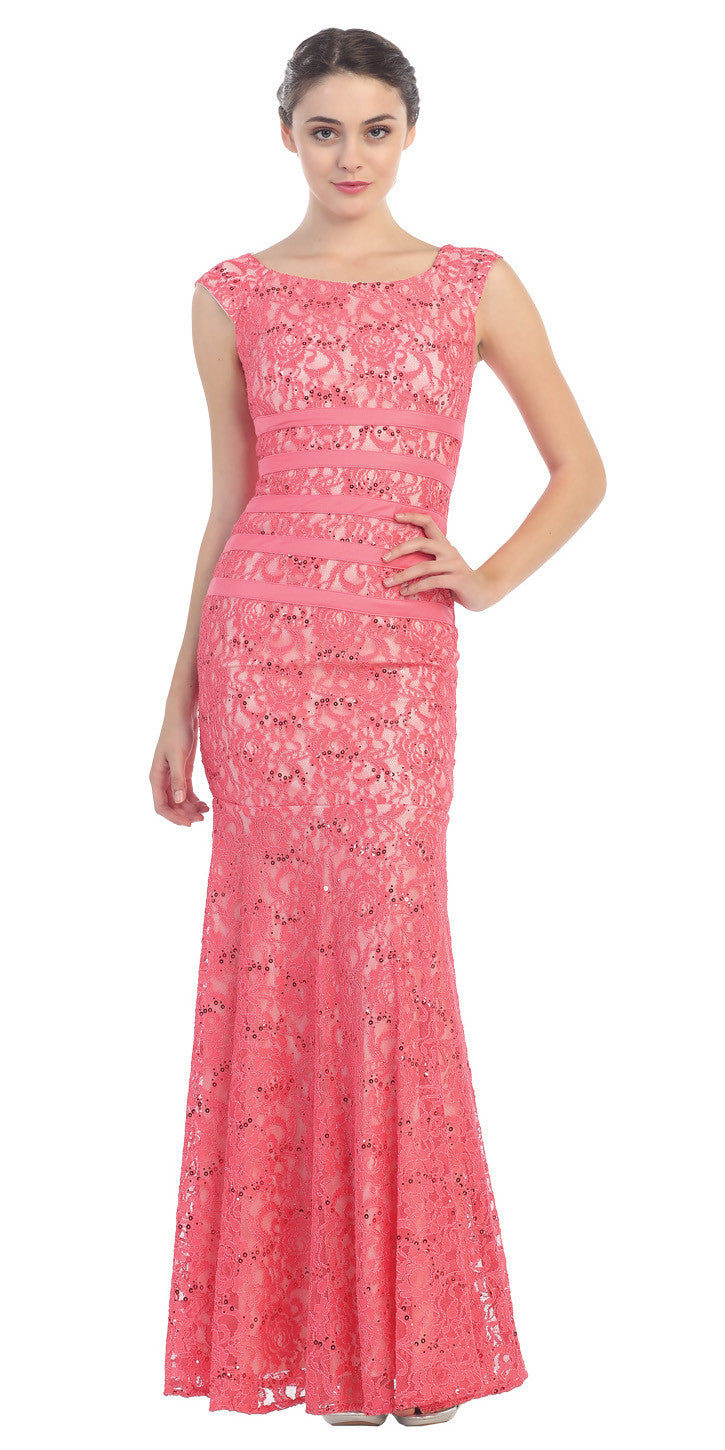 Two Tone Coral Ivory Overlay Lace Dress Mermaid Wide Strap