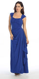 Cap Sleeved Side Gathered Floor Length Royal Blue Formal Gown