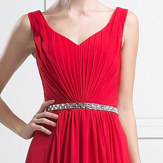 Cinderella Divine W0014 Floor Length Red Gown Sleeveless Pleated with Belt Zoom