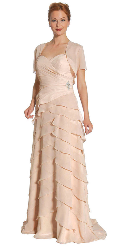 Gold Spaghetti Strap Chiffon Formal Dress Multi Ruffle Hem