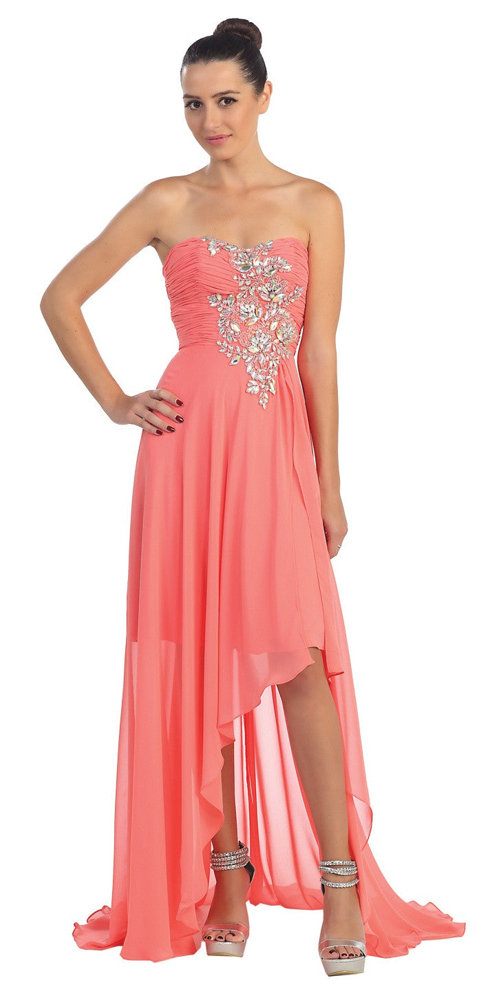 High Low Strapless A Line Ruched Bodice Coral Prom Dress