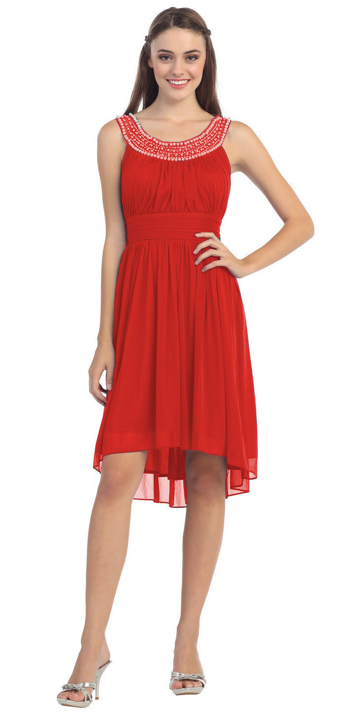 Knee Length Studded Neck Short Red Dinner Party Dress
