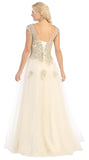Lace Bodice Illusion Neckline A Line Long Gold Ball Gown