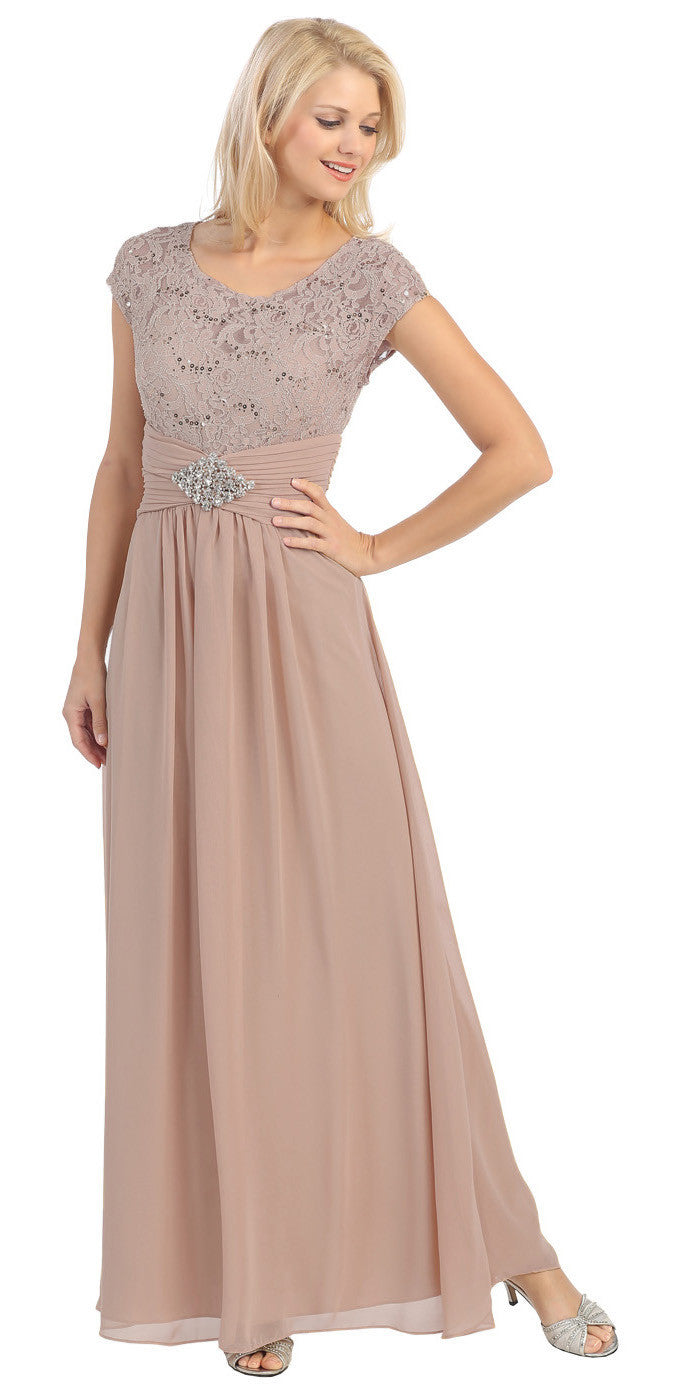 Long Lace Bodice Scoop Neck A Line Mocha Formal Dress