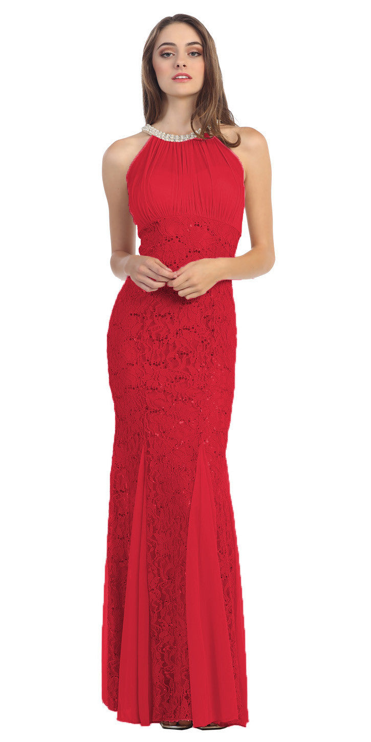 Mermaid Flair Skirt Lace Evening Gown Red Pearl Necklace