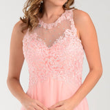 Poly USA 7454 Long Flowy Prom Gown Blush Empire Sheer Bodice