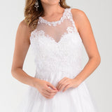 Poly USA 7490 White Cotillion A Line Dress Lace Applique Top
