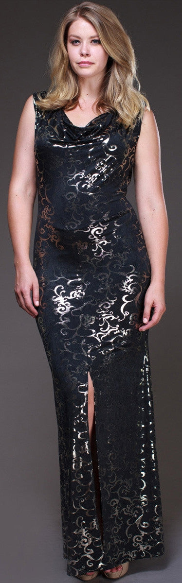 Long Black/Gold Foil Design Plus Size Maxi Dress Front Slit Cowl
