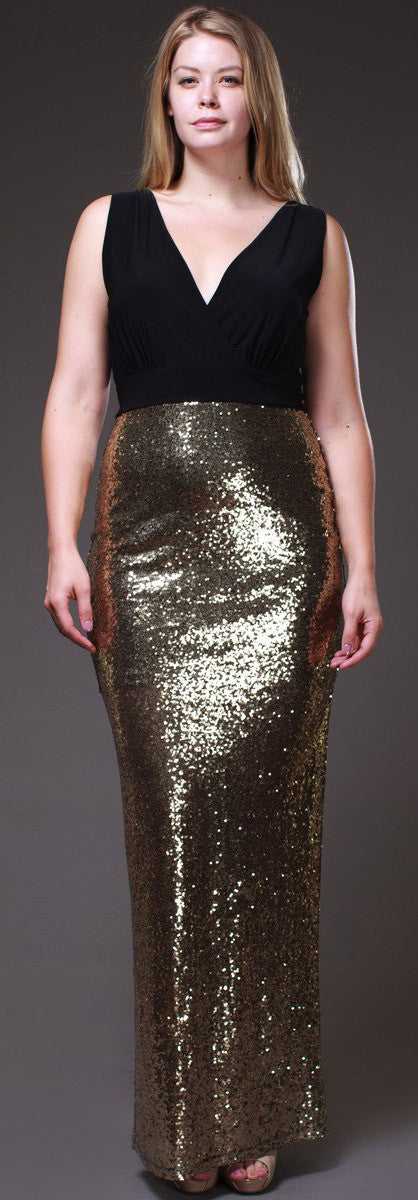 Long Black/Gold Sequins Dress V Neck Wide Straps Spandex