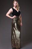 Long Black/Gold Sequins Dress V Neck Wide Straps Spandex