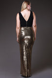 Long Black/Gold Sequins Dress V Neck Wide Straps Spandex