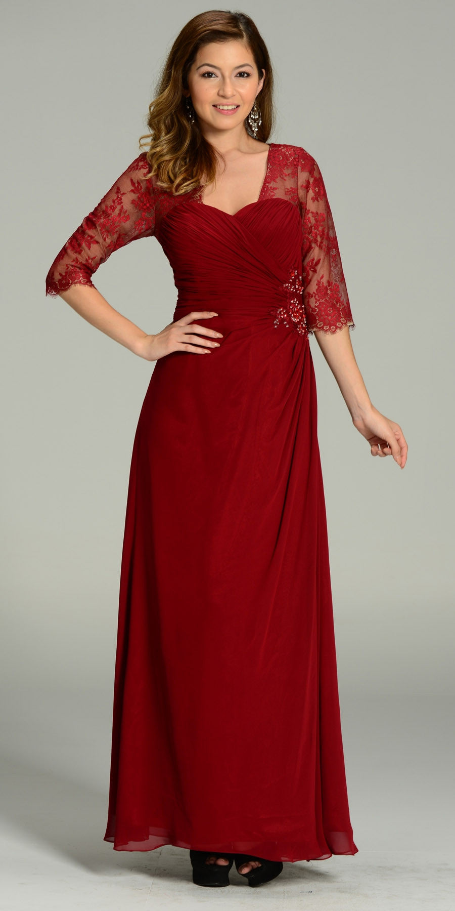 Long Chiffon/Lace Dress Burgundy Mid Length Lace Sleeves
