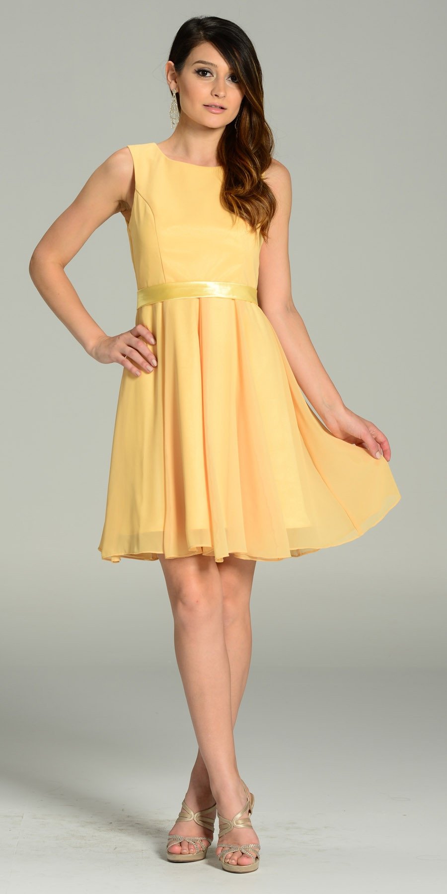 Modest Yellow Semi Formal Chiffon Dress Knee Length A Line