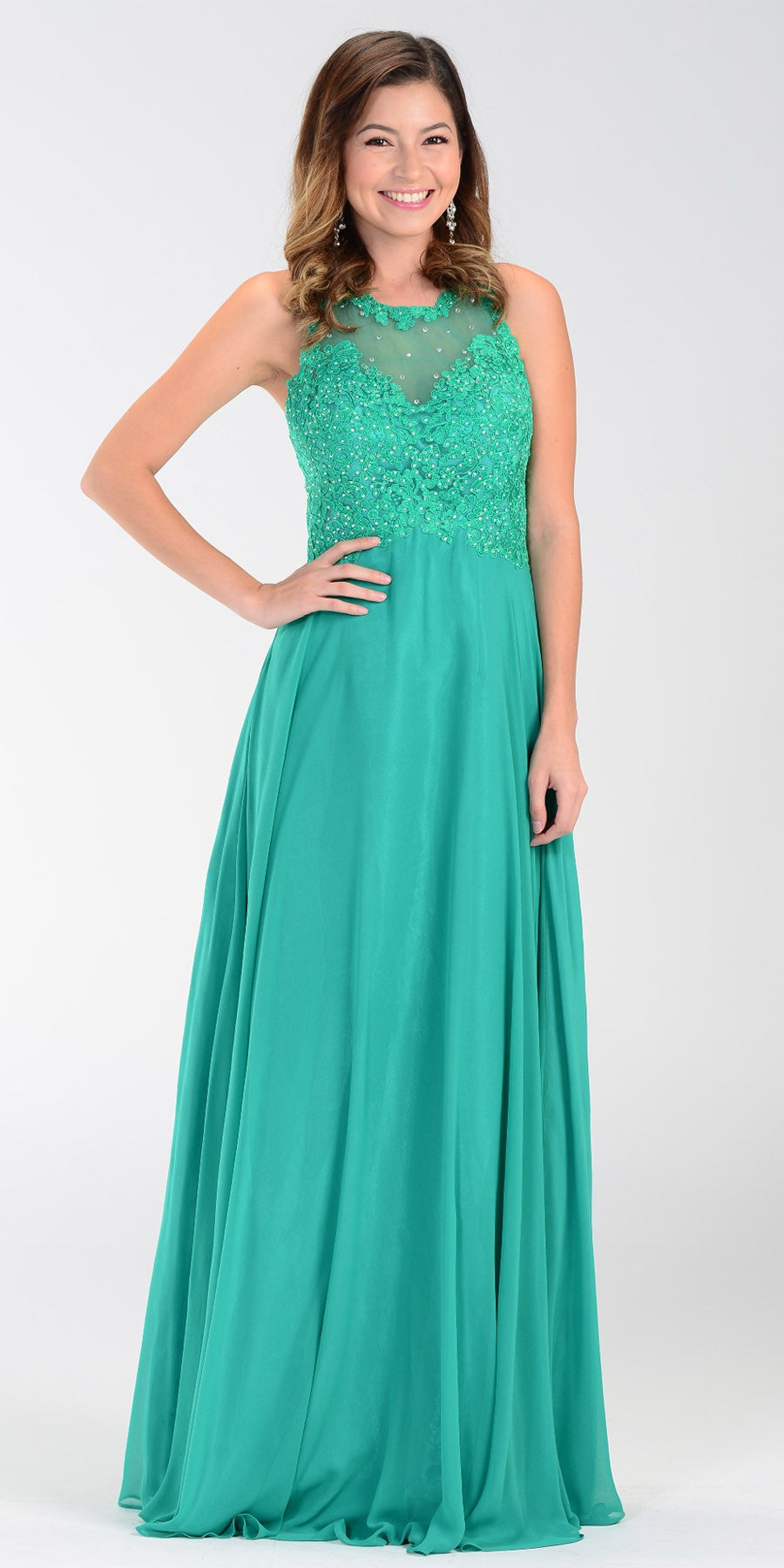 Poly USA 7454 Long Flowy Prom Gown Green Empire Sheer Bodice