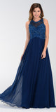 Poly USA 7454 Long Flowy Prom Gown Navy Blue Empire Sheer Bodice