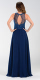 Poly USA 7454 Long Flowy Prom Gown Navy Blue Empire Sheer Bodice