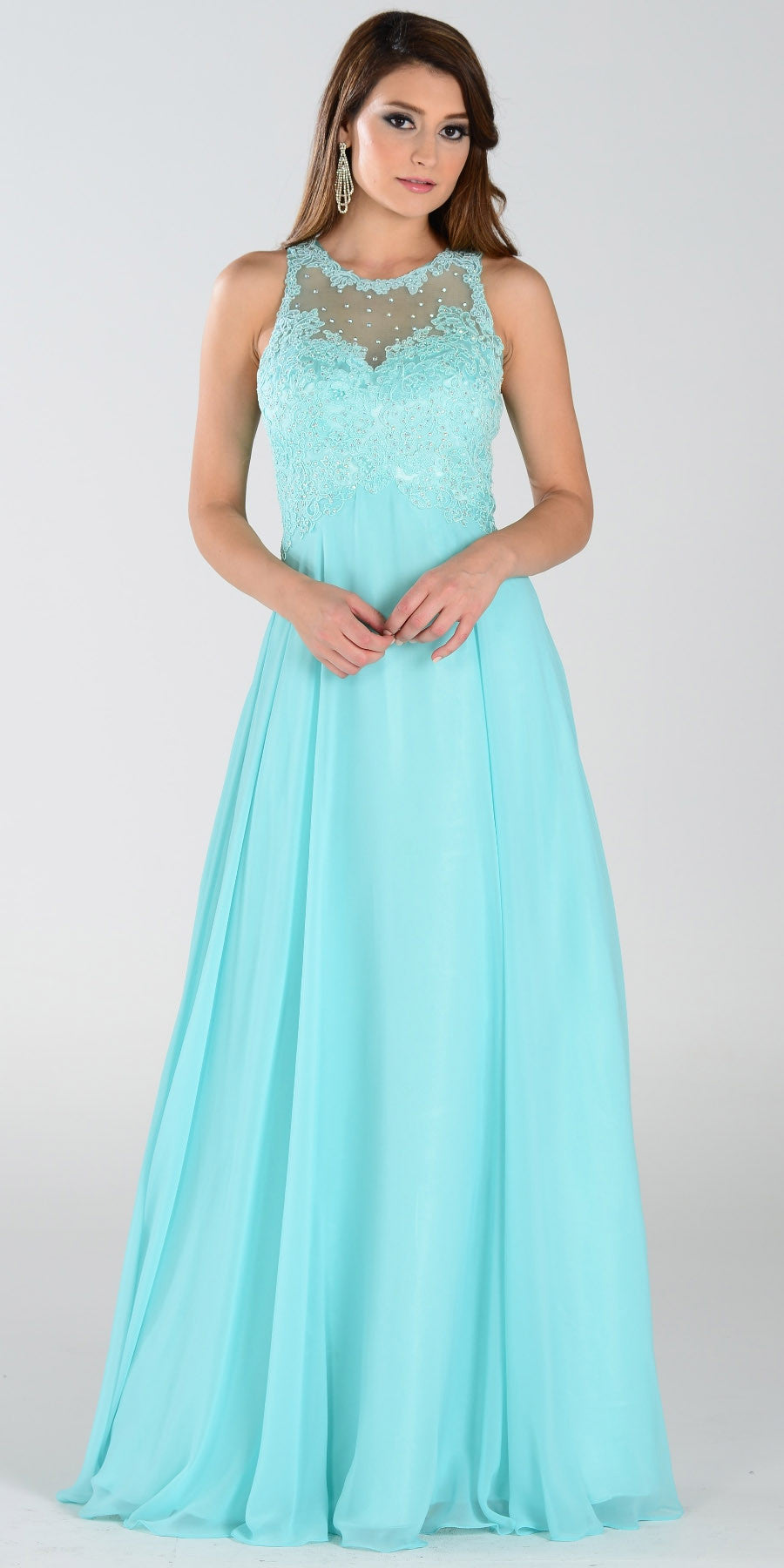 Poly USA 7454 Long Flowy Prom Gown Aqua Empire Sheer Bodice