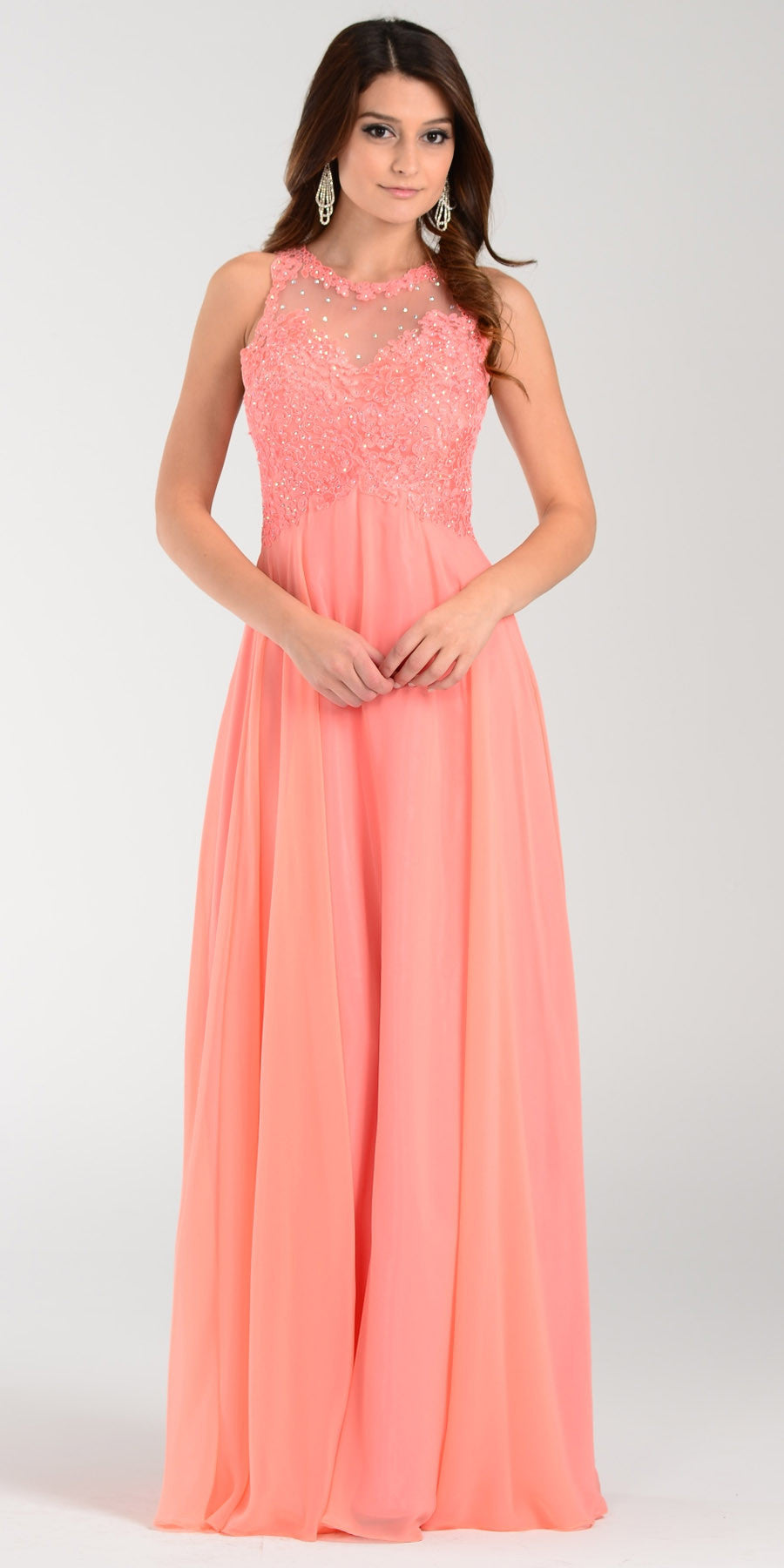 Poly USA 7454 Long Flowy Prom Gown Coral Empire Sheer Bodice