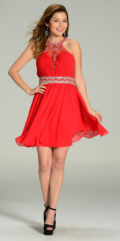 Short Chiffon A Line Dress Red Beaded Halter Neck Sheer Back