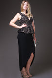 Tea Length Black Gold Semi Formal Peplum Dress V Neck Tank Strap