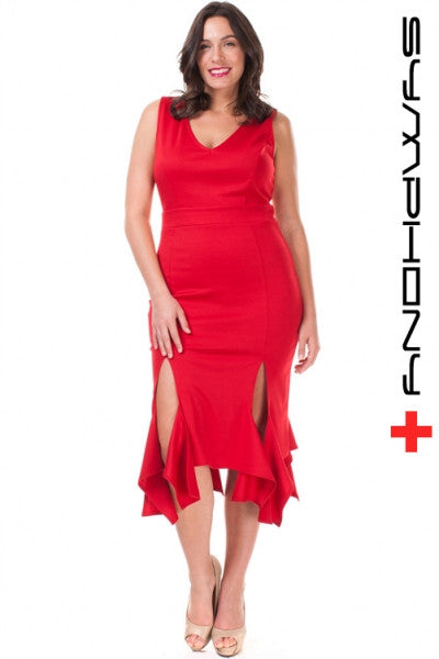 Tea Length Plus Size Red Sheath Dress Ruffled Double Slit Hem