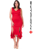 Tea Length Plus Size Red Sheath Dress Ruffled Double Slit Hem