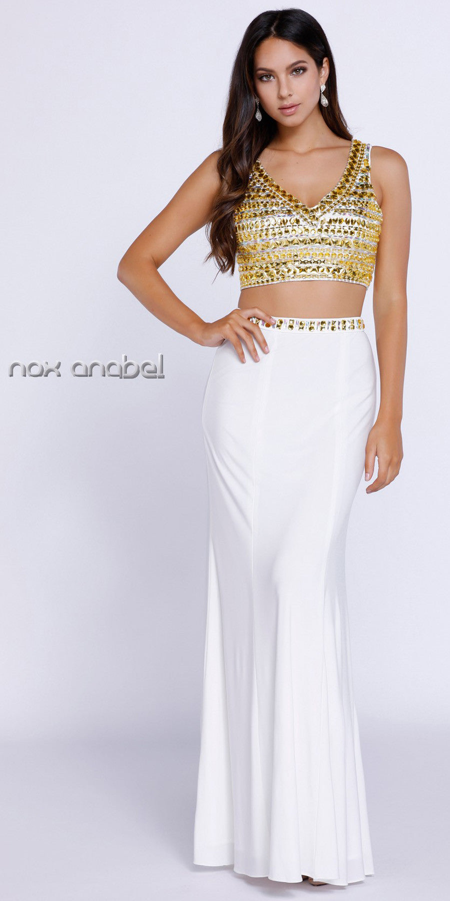 Long Two Piece Prom Gown Ivory Gold Jewel Bodice Jersey